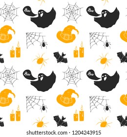 Halloween seamless pattern. Hand drawn sketched background, party invitation or holiday banner design vector illustration .