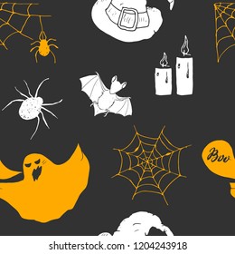 Halloween seamless pattern. Hand drawn sketched background, party invitation or holiday banner design vector illustration .