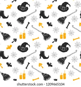 Halloween seamless pattern. Hand drawn sketched background, party invitation or holiday banner design vector illustration .