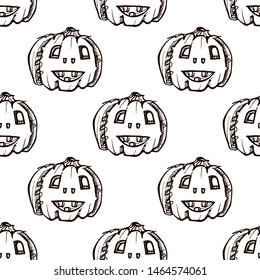 Halloween seamless pattern with hand drawn pumpkins on white background. Suitable for packaging, wrappers, fabric design.