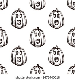 Halloween seamless pattern with hand drawn jack-o-lanterns on white background. Suitable for packaging, wrappers, fabric design.