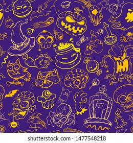 Halloween seamless pattern, hand drawn vector line graphic illustration with classic halloween art elements
