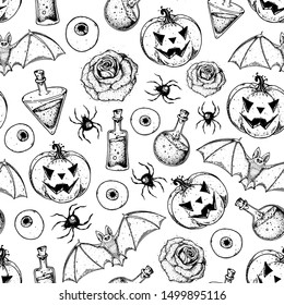 Halloween seamless pattern . Hand drawn background. Pattern with pumpkin, bat, spider, potion. Sketch vector illustration.