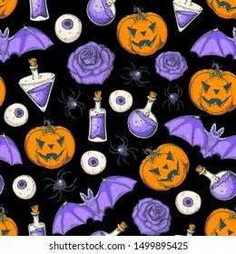 Halloween seamless pattern . Hand drawn background. Pattern with pumpkin, bat, spider, potion. Colorful vector illustration.