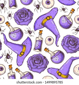 Halloween seamless pattern . Hand drawn background. Pattern with hat, eye, potion6 roses. Sketch vector illustration.