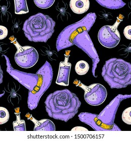 Halloween seamless pattern . Hand drawn background. Pattern with hat, eye, potion, roses. Sketch vector illustration.