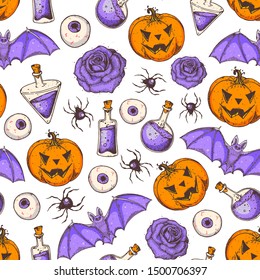Halloween seamless pattern . Hand drawn background. Pattern with pumpkin, bat, spider, potion. Colorful vector illustration.