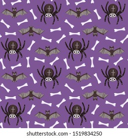 Halloween seamless pattern. Hand drawn isolated illustration. Bats, spiders with cross, bones on violet background. Can be used for wrapping paper, fabric, scrapbooking, background