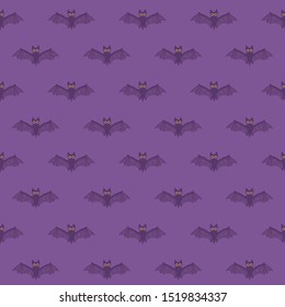 Halloween seamless pattern. Hand drawn isolated illustration. Bat with yellow eyes on violet background. Can be used for wrapping paper, fabric, scrapbooking, background