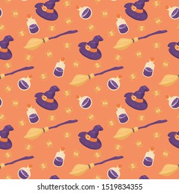 Halloween seamless pattern. Hand drawn isolated illustration. Witch hat, broom, bottle with potion, spider with cross on orange background. Can be used for wrapping paper, fabric, scrapbooking
