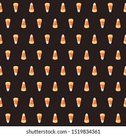 Halloween seamless pattern. Hand drawn isolated illustration. Candy corn on dark background. Can be used for wrapping paper, fabric, scrapbooking, background