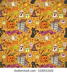Halloween seamless pattern . Hand drawn background. Pattern with pumpkin, bat, spider, potion. Sketch vector illustration.