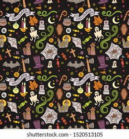 Halloween seamless pattern . Hand drawn background. Pattern with pumpkin, bat, spider, potion. Sketch vector illustration.