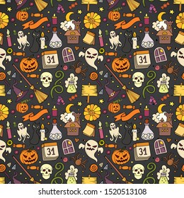 Halloween seamless pattern . Hand drawn background. Pattern with pumpkin, bat, spider, potion. Sketch vector illustration.
