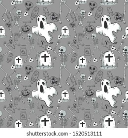 Halloween seamless pattern . Hand drawn background. Pattern with pumpkin, bat, spider, potion. Sketch vector illustration.