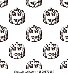 Halloween seamless pattern with hand drawn jack-o-lanterns on white background. Suitable for packaging, wrappers, fabric design.