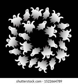 Halloween seamless pattern with hand drawn white ghosts doodles on black background. Vector illustration for wrapping paper, textile. Scary white ghosts design