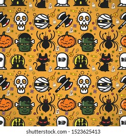 Halloween seamless pattern . Hand drawn background. Pattern with pumpkin, bat, spider, potion. Sketch vector illustration.