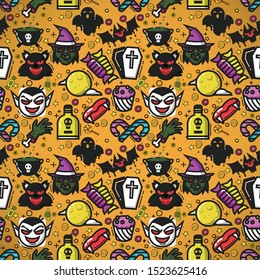 Halloween seamless pattern . Hand drawn background. Pattern with pumpkin, bat, spider, potion. Sketch vector illustration.