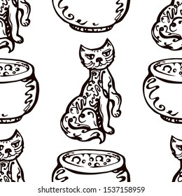 Halloween seamless pattern with hand drawn cats and pots on white background. Suitable for packaging, wrappers, fabric design