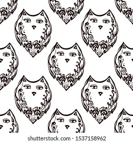 Halloween seamless pattern with hand drawn owls on white background. Suitable for packaging, wrappers, fabric design