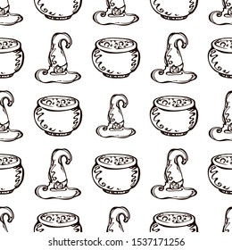 Halloween seamless pattern with hand drawn witch's hat and pot on white background. Suitable for packaging, wrappers, fabric design