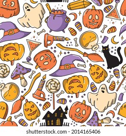 Halloween seamless pattern with hand drawn doodles on white background. Wrapping paper, scrapbooking, textile print, wallpaper, digital paper, sublimation, etc. EPS 10