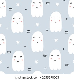 Patrón sin fisuras de Halloween. Dibujo a mano de caricatura de fondo fantasma en el estilo de los niños Usar para impresiones, papel pintado, textiles, moda, ilustraciones vectoriales.