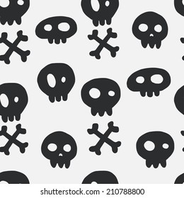 Halloween seamless pattern with hand drawn doodle skulls and crossed bones. Holiday tiling background.