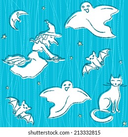 Halloween seamless pattern with hand drawn silhouettes