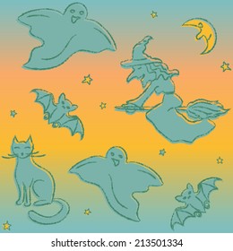 Halloween seamless pattern with hand drawn silhouettes