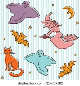 Halloween seamless pattern with hand drawn silhouettes