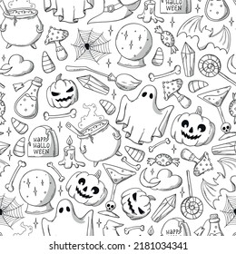 Halloween seamless pattern with hand drawn doodles for coloring pages, wrapping paper, wallpaper, backgrounds, textile prints, scrapbooking, sublimation, etc. EPS 10