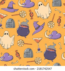 Patrón ininterrumpido de Halloween con garabatos dibujados a mano sobre fondo naranja. Ideal para impresiones, papel de embalaje, reserva de chatarra, papel de oficina, embalaje, papel tapiz, etc. EPS 10