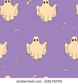 Halloween seamless pattern with hand drawn ghosts and bones on purple background. Wrapping paper, wallpaper, scrapbooking, stationary, kids textile prints, package, etc. EPS 10