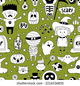 Halloween seamless pattern. Hand drawn vector background with skull, witch, spider, mummy, cobweb, speech bubbles and short phrases. It can be used for Halloween parties, wallpapers, textiles, paper.