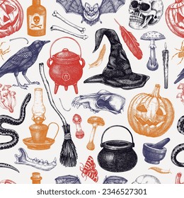 Patrón sin fisuras de Halloween. Ilustración vectorial dibujada a mano. Calaveras, huesos, calabaza, setas venenosas, serpientes, bocetos cuervos. Fondo de vacaciones de otoño. Elementos de diseño de Halloween