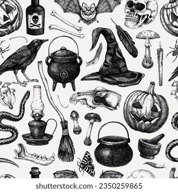 Halloween seamless pattern. Hand drawn vector illustration. Skulls, bones, pumpkin, poisonous mushrooms, snakes, raven sketches. Autumn holiday background. Vintage Halloween design elements