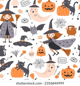 Halloween seamless pattern with hand drawn elements, with ghost and witch. Vector illustrations