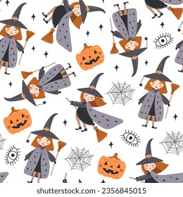 Halloween seamless pattern with hand drawn elements and  witch. Vector illustrations