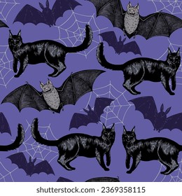 Halloween seamless pattern with hand drawn color elements i retro engraving style.