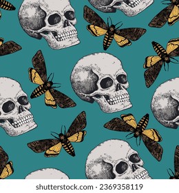 Halloween seamless pattern with hand drawn color elements i retro engraving style.