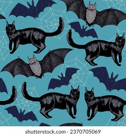 Halloween seamless pattern with hand drawn color elements i retro engraving style.