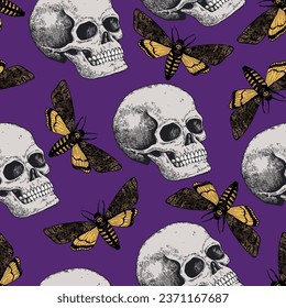 Halloween seamless pattern with hand drawn color elements i retro engraving style.