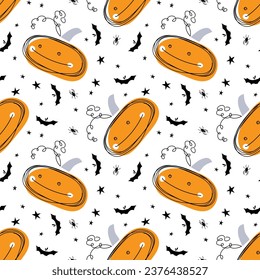 Patrón sin fisuras de Halloween. Diseño de boceto festivo de Halloween dibujado por mano. Calabaza, murciélago, araña, icono de estrellas. Diseño de garabatos. Fondo repetido para textiles, tejidos, papel, papel pintado, embalaje