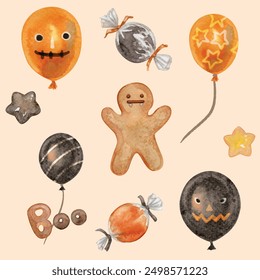 Halloween seamless pattern hand drawn with watercolor. Cute Halloween characters, dessert and balloon. For textile, fabric, wallpaper, banners, cards and so on