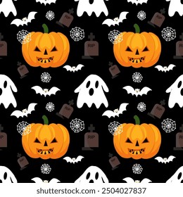 Halloween seamless pattern with hand drawn pumpkin shapes on gray background. Design for clothing, rugs, textiles, batik, embroidery, gift wrap.