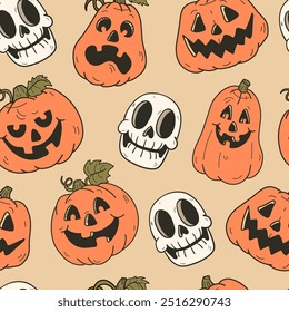 Halloween seamless pattern. Hand drawn pumpkin background in retro cartoon style. Skeleton. Colorful Spooky background