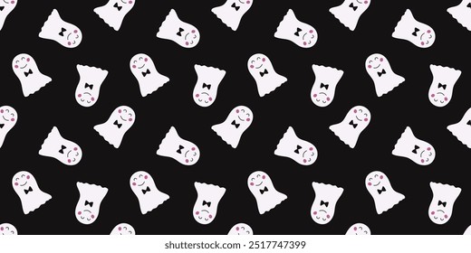 Patrón inconsútil de Halloween con el fantasma lindo dibujado a mano en el fondo oscuro. Fondo de Festiva para papel de embalaje, tela, textil, scrapbook. Elemento minimalista divertido blanco para vacaciones.
