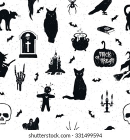 Halloween seamless pattern with hand drawn vector illustrations of an owl, tombstone, kettle, jack-o-lantern, raven, cat, witch, voodoo doll, candelabrum, skull, and bats.